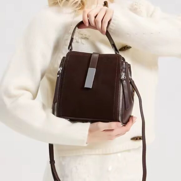 Trendy Genuine Suede Leather Shoulder Bag, Vintage Cowhide Tote Crossbody - Picture 9 of 14